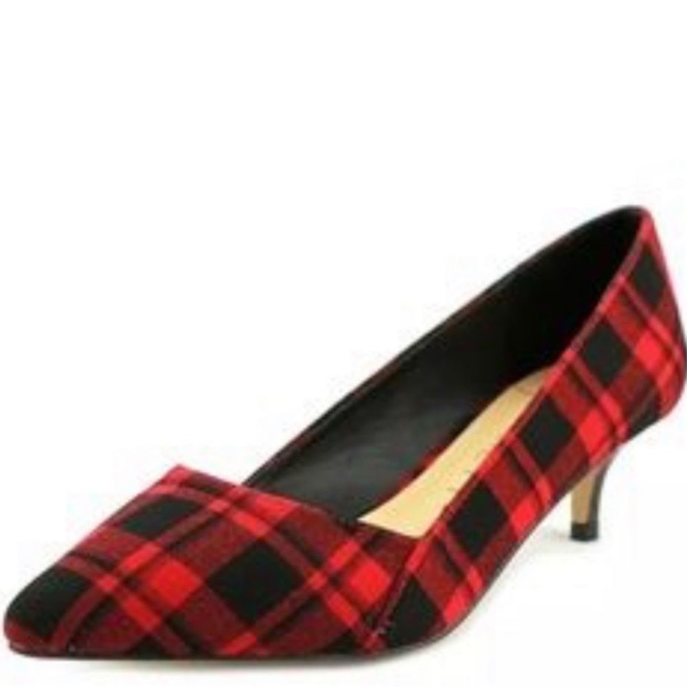 Sole Society Red and Black Plaid Pointed Kitten Heel Pumps